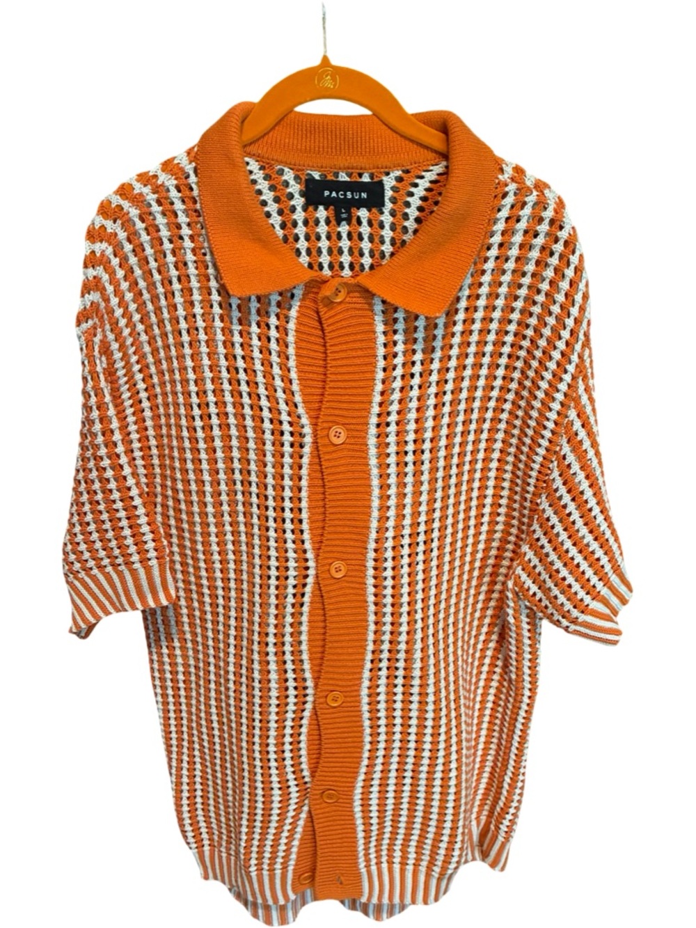 Orange Crochet polo sweater. EUC - Picture 4 of 8